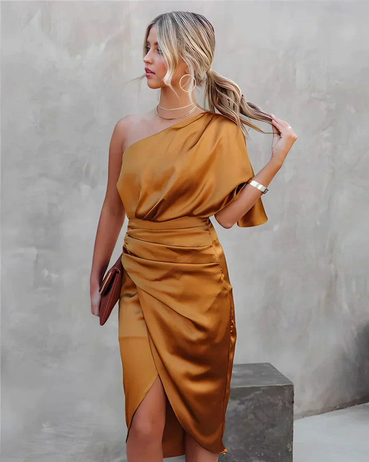Robe midi asymétrique drapée pour femmes – Cortney